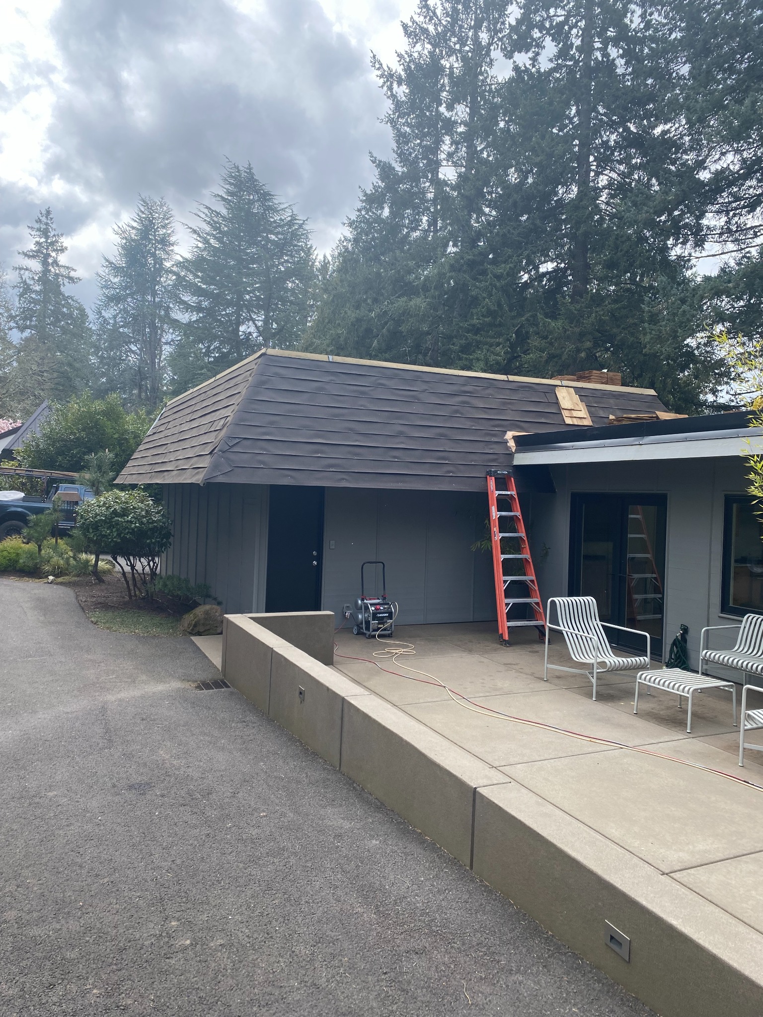 Close view of cedar roof project in progress